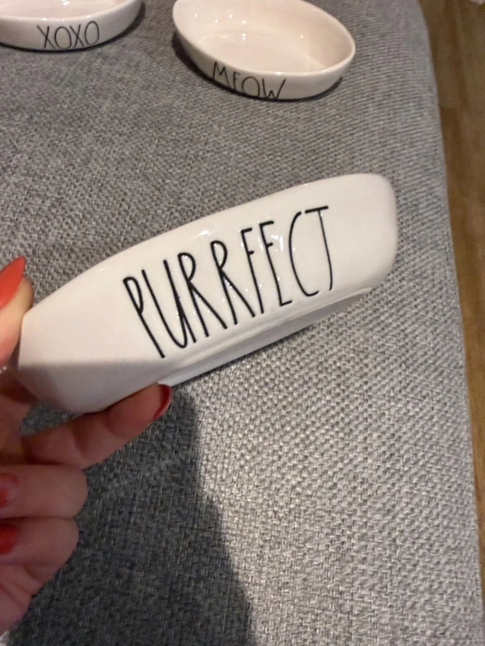 Rae Dunn Set of 3 White Ceramic Cat Bowls with Black Lettering